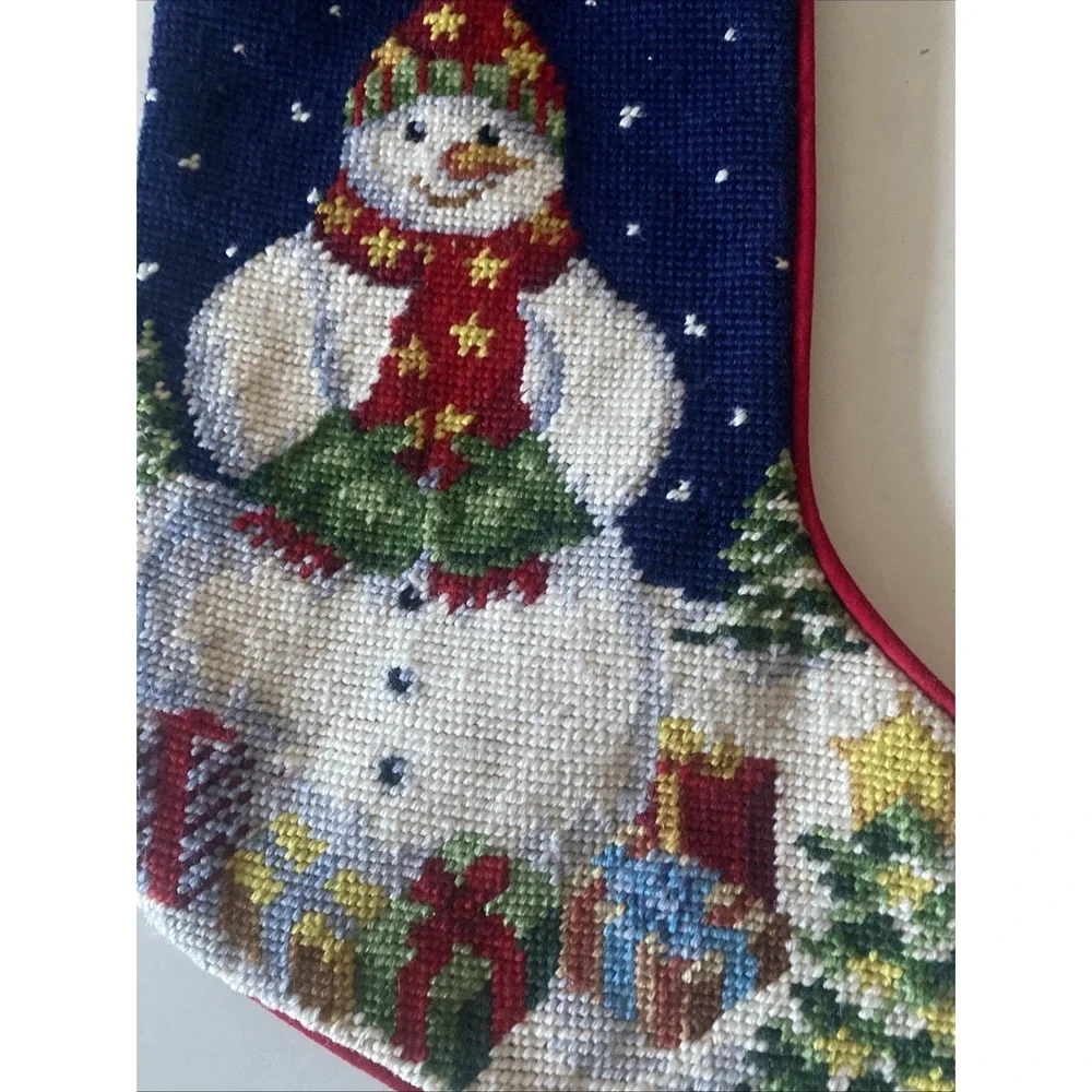 Christmas Snowman Lot of 2 Stockings Wool Needlepoint By Hand Red Velvet